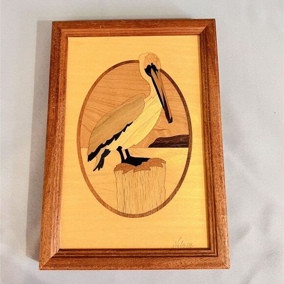 RARE Marquetry Jeffrey Alan Nelson Hudson River Inlay Pelican Bird MCM HTF - Picture 1 of 11